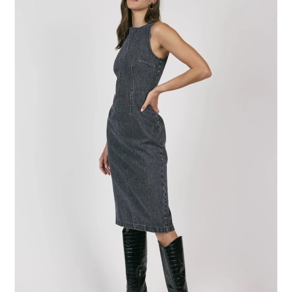 SAGE The Label Size M Black Denim Midi Overall Dress Sleeveless Sheath - Picture 2 of 13